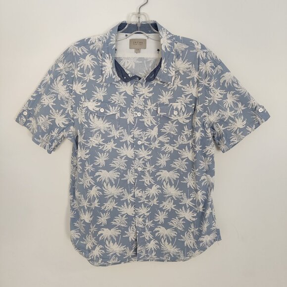 Jachs NY Men's Classic Short Sleeve Shirt Size L Cotton Blue White Palm Summer - Picture 1 of 4